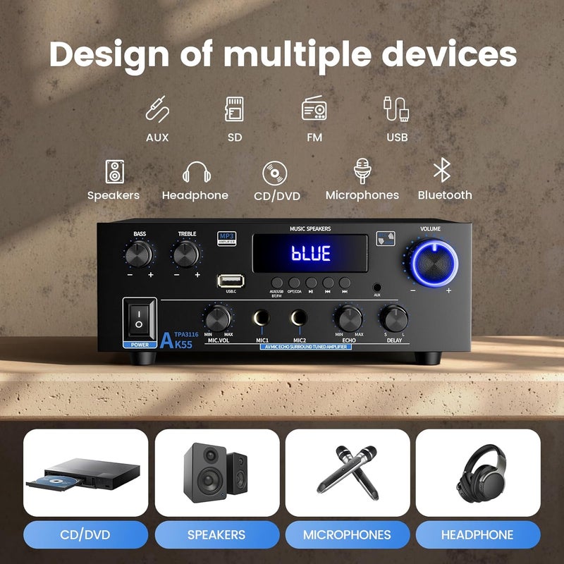 Wtoolfex Stereo Home Audio Amplifier with 5.0 Bluetooth Receiver for Speaker, 300W+300W Bluetooth HiFi Stereo Power AK55 Amplifier 2.0 Channel RMS 40Wx2 Home System Remote Control Amp W/MIC,USB, RCA,FM Radio - Image 3